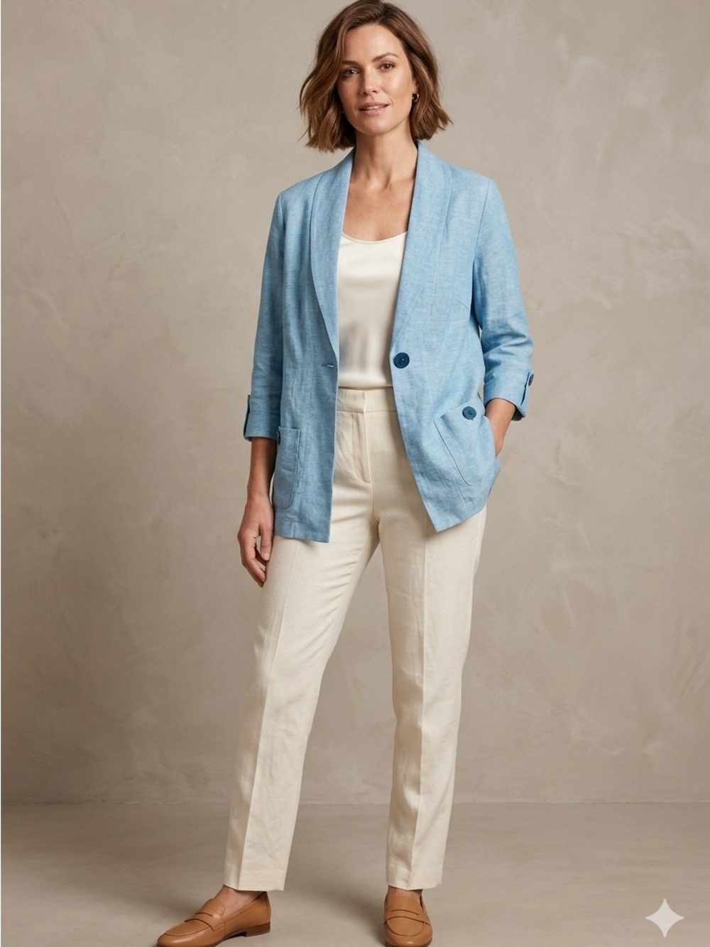 Vtg Norm Thompson Women’s Large Aqua Blue Linen Cotton Blazer Jacket L Classic